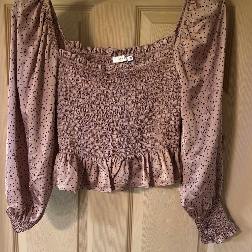 Smocked Square-Neck Peasant Top - Mauve Polka Dot